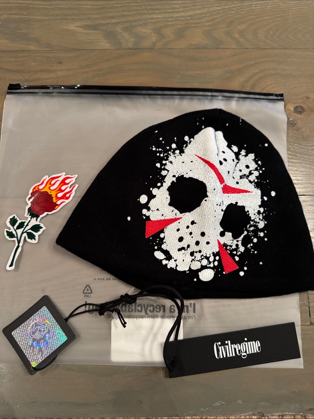 Civil Regime Friday The 13th Black Beanie with White Skull & Red Accent Graphic